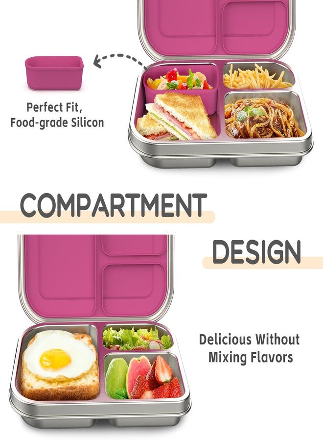 BOSEDSANG Stainless Steel Kids Leak-Resistant Bento Lunch Box, 3-Compartments with Silicone Container, Dishwasher-Safe, Child-Friendly Design for School, Picnics & Travel,BPA-Free(Pink) - Image 2